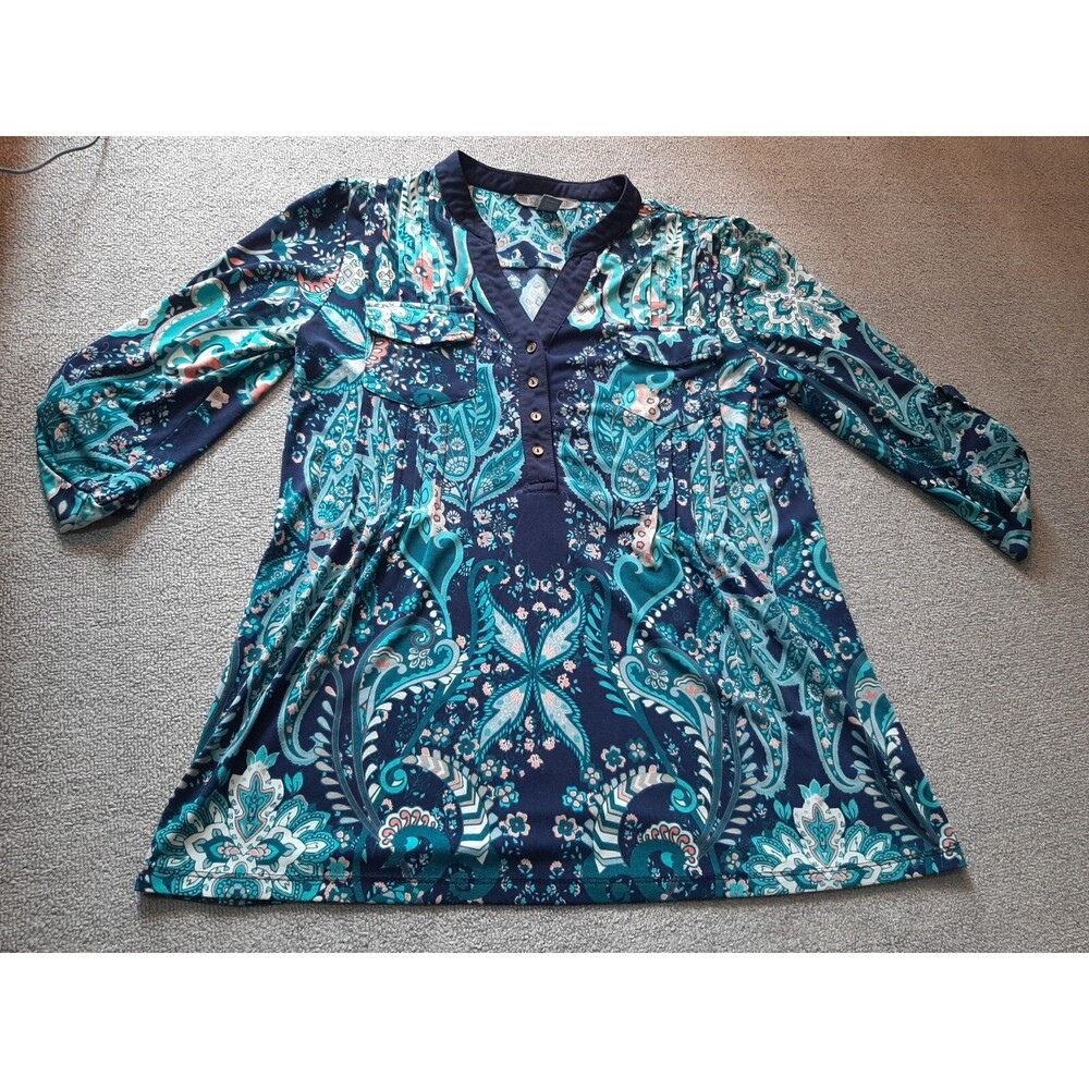 By Design Studio 3/4 Sleeve Floral Shirt Blue Top Womens Large L